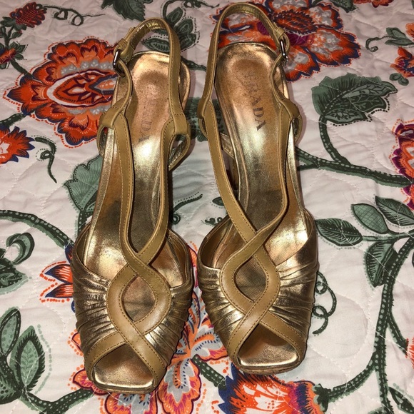 Prada Leather Gold Cork Slingback Heels size 38.5 - Picture 9 of 16